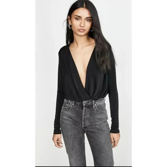 Intimately Free People Turnt Bodysuit Small Black Plunge Neck Thong Draped L/S - Picture 13 of 14